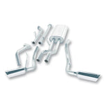 Borla 140238 Cat-Back exhaust system featuring T-304 stainless steel dual pipes and 4-inch round chrome tips.