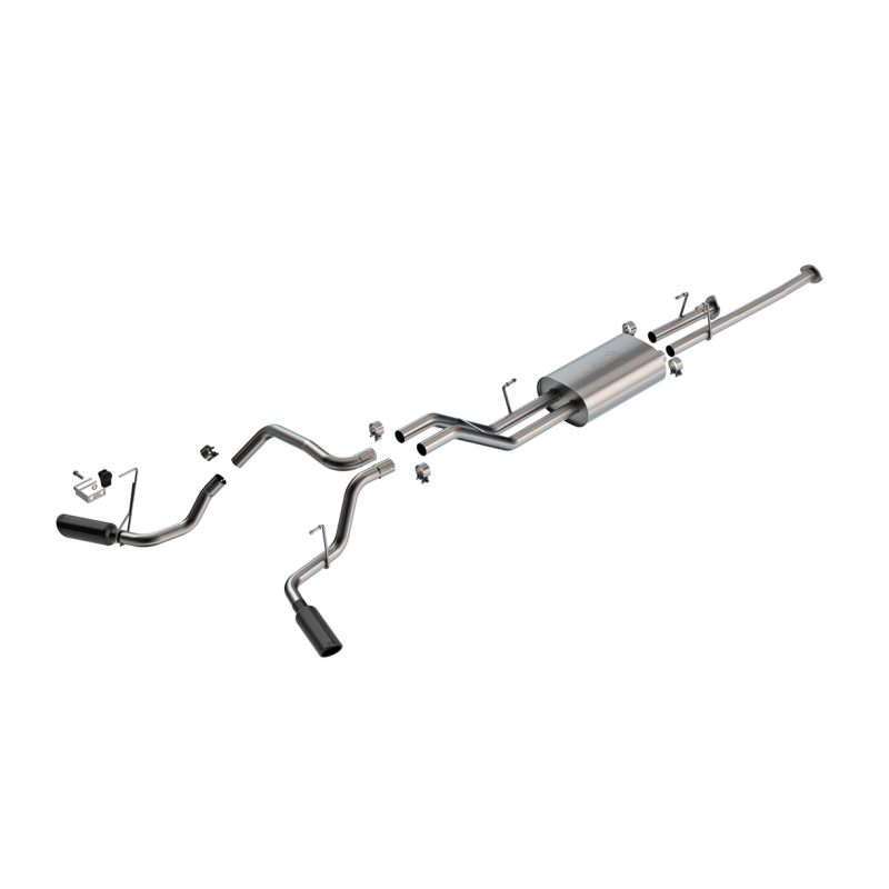 Borla T-304 stainless steel true dual cat-back exhaust system with 4-inch black chrome tips for Toyota Tundra.