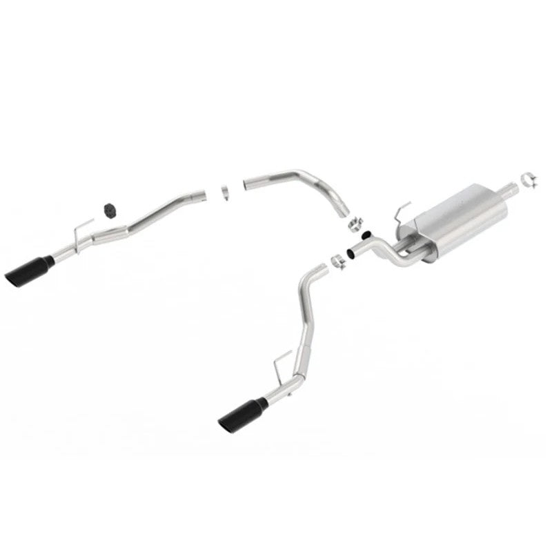 Borla Touring cat-back exhaust system with T-304 stainless steel piping and 5-inch black chrome tips.