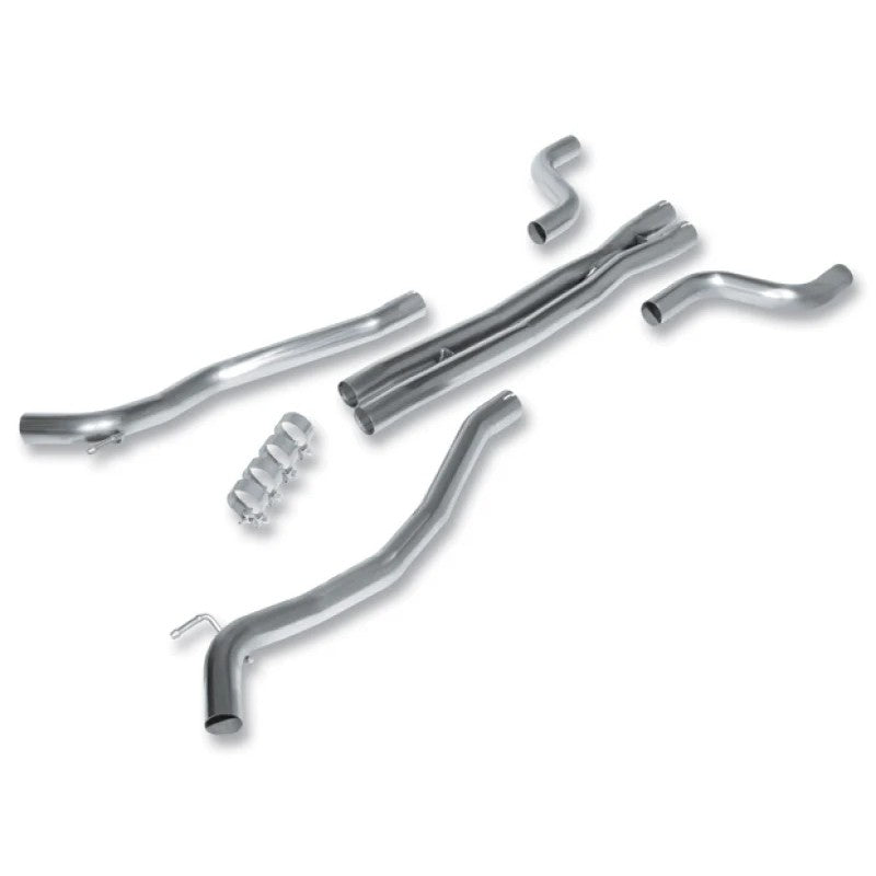 Borla 60512 T-304 stainless steel 2.5-inch X-pipe and mandrel-bent mid-pipes for Chevrolet Camaro and Corvette.