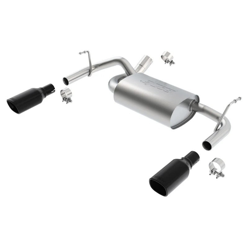 Borla Touring Series cat-back exhaust with T-304 stainless pipes and dual square black chrome tips for Jeep Wrangler JK.