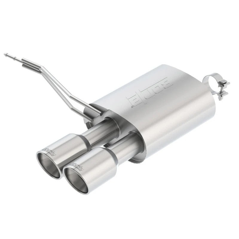 Borla S-Type rear section exhaust with dual 4-inch polished stainless steel tips and mandrel-bent piping.