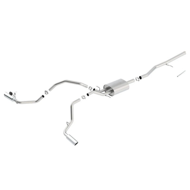 Borla ATAK cat-back exhaust system with split side exit single round rolled angle-cut tips for 2014-2018 GM trucks.