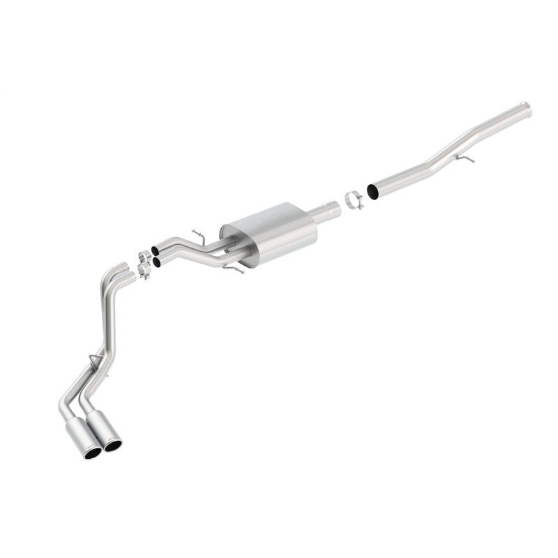 Borla S-Type dual side-exit cat-back exhaust with bright chrome tips and T-304 stainless steel mandrel-bent piping.