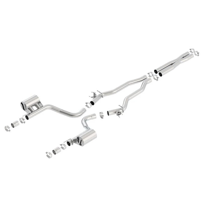 Borla ATAK T-304 stainless steel cat-back exhaust system with merge X-pipe and valve simulators for Dodge Charger Hellcat.