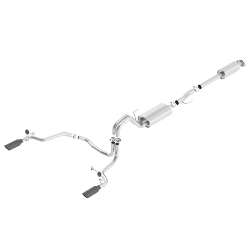 Borla Cat-Back Touring exhaust system for Ford F-150 with dual 4-inch black chrome tips and stainless steel piping.
