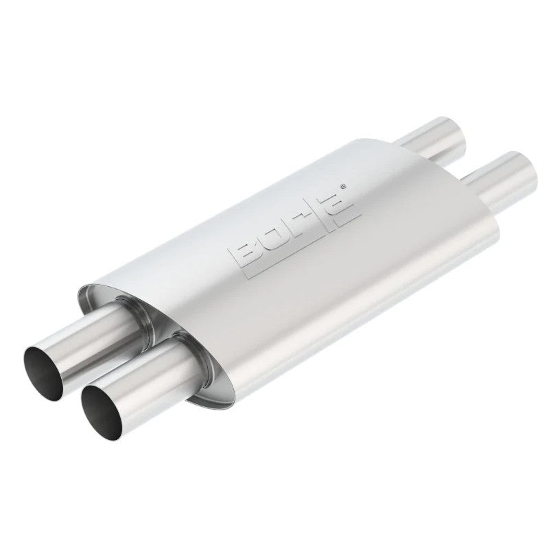 Borla T-304 stainless steel Touring Resonator with dual 2.25 inch inlets and 2.5 inch outlets for Mustang GT.