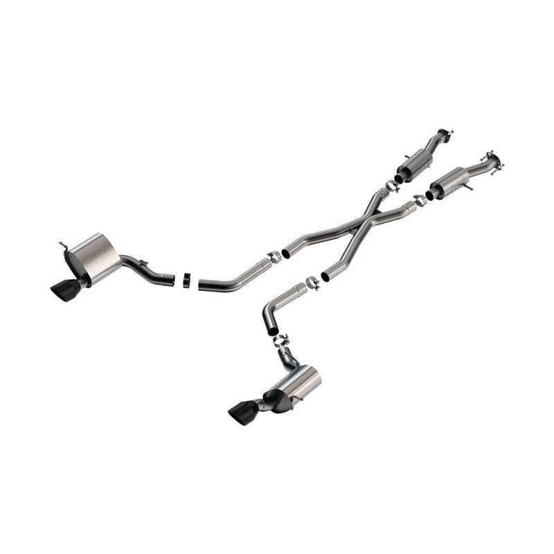 Borla S-Type T-304 stainless steel cat-back exhaust system with merge X-pipe and 5-inch ceramic black tips.