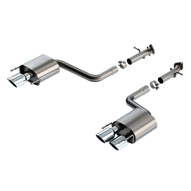 Borla S-Type axle-back exhaust system with quad 4-inch bright chrome tips and T-304 stainless steel mufflers.