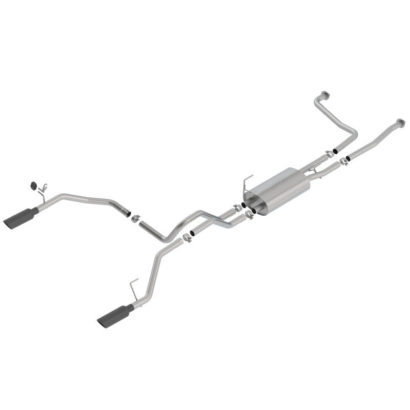 Borla S-Type cat-back exhaust system with 2.25-inch dual piping and 4-inch black chrome tips for 2017-2024 Nissan Titan.