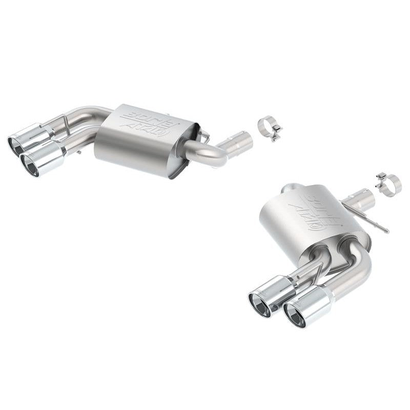 Borla ATAK axle-back exhaust for 2016-2024 Camaro SS featuring quad 4-inch polished stainless steel tips and 11921 mufflers.