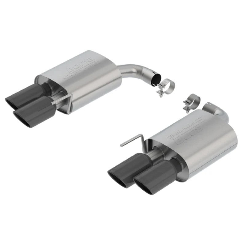 Borla S-Type axle-back exhaust system with 2.5-inch piping and dual 4-inch black chrome tips for S550 Mustang GT.