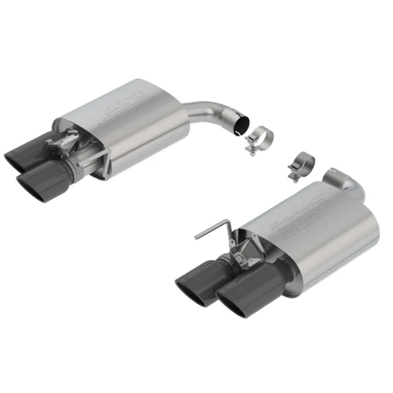 Borla S-Type axle-back exhaust system with T-304 stainless steel mufflers, active valves, and dual black chrome tips.