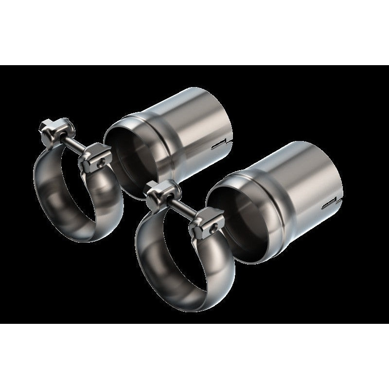 Pair of Borla brushed T-304 stainless steel ball flare exhaust tip adapters with two included mounting clamps.
