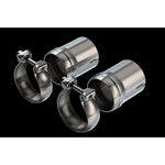 Pair of Borla brushed T-304 stainless steel ball flare exhaust tip adapters with two included mounting clamps.