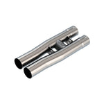 Borla 3-inch T-304 stainless steel replacement H-pipe with laser-etched logo and exhaust clamps.