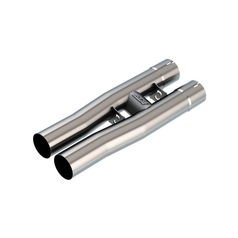 Borla 3-inch T-304 stainless steel replacement H-pipe with laser-etched logo and exhaust clamps.