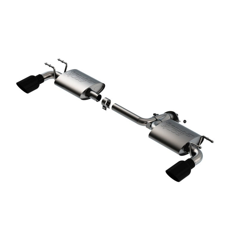 Borla S-Type axle-back exhaust system with dual 4-inch black chrome tips for 2019-2025 Mazda 3 Hatchback.