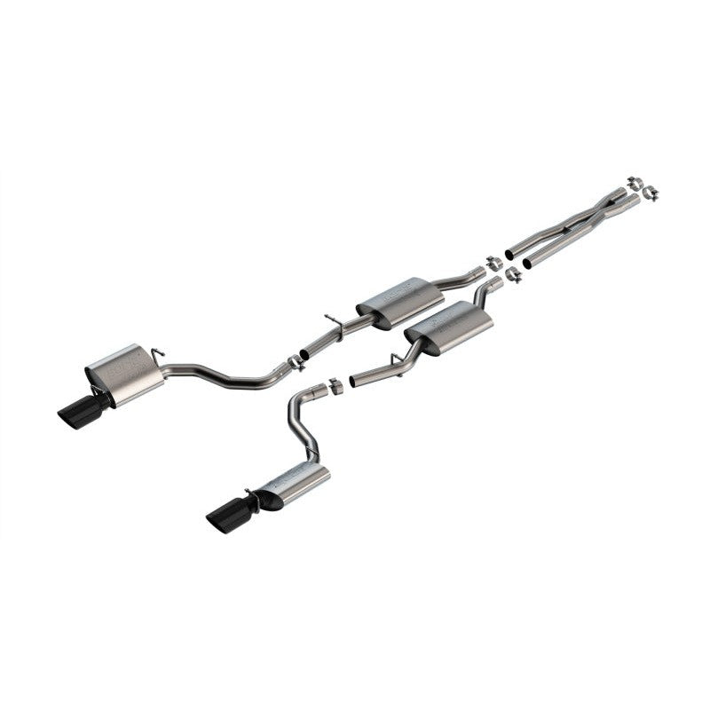 Borla ATAK cat-back exhaust system with T-304 stainless steel piping, merge X-pipe, and dual black chrome tips.