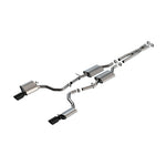 Borla ATAK cat-back exhaust system with T-304 stainless steel piping, merge X-pipe, and dual black chrome tips.