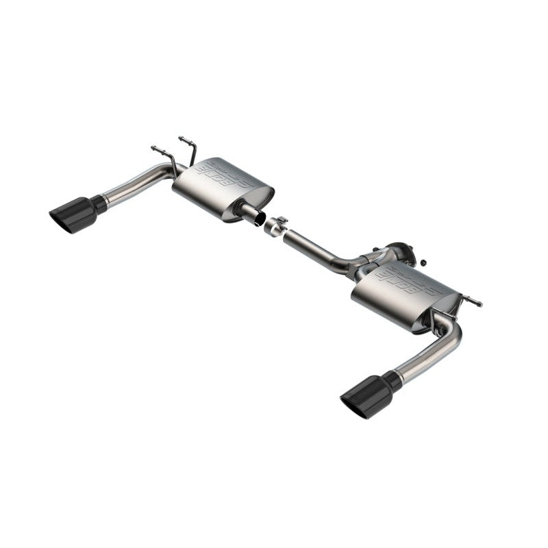 Borla S-Type axle-back exhaust system for Mazda 3 with T-304 stainless steel piping and dual 4-inch black chrome tips.