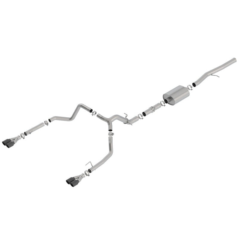 Borla ATAK Cat-Back Exhaust system with T-304 stainless steel piping and dual 3.5 inch black chrome tips.