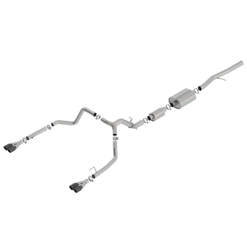Borla S-Type cat-back exhaust system for Silverado and Sierra 1500 with T-304 steel piping and black chrome tips.