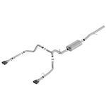 Borla 140772BC Touring cat-back exhaust system with T-304 stainless steel piping and dual black chrome exit tips.