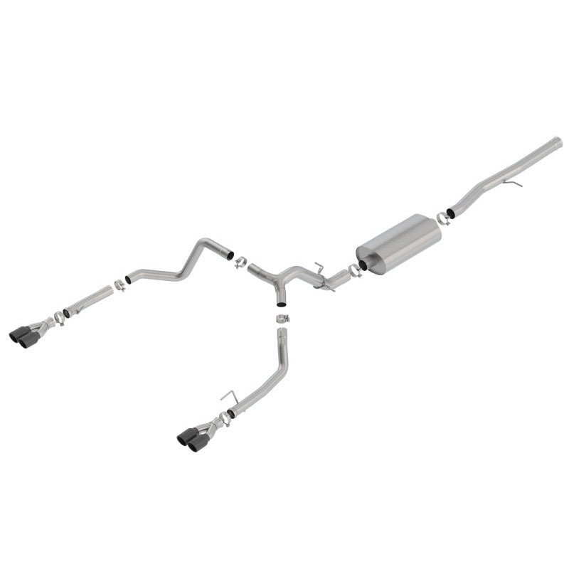 Borla 140772BC Touring cat-back exhaust system with T-304 stainless steel piping and dual black chrome exit tips.