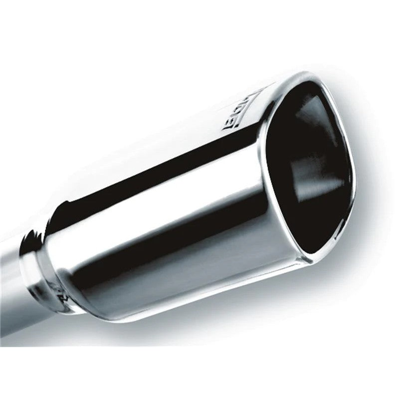 Polished T-304 stainless steel Borla square rolled angle cut exhaust tip with a 2.25 inch inlet.