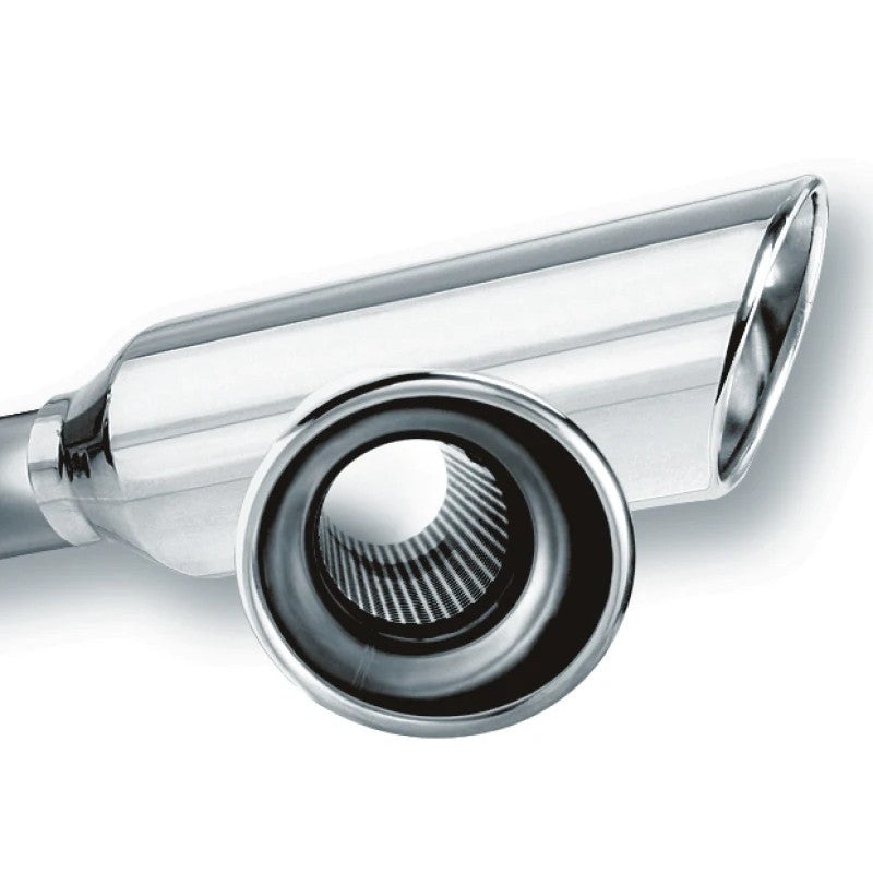 Polished Borla 20248 resonated exhaust tip with a 2.25-inch inlet and 4-inch rolled angle cut round outlet.