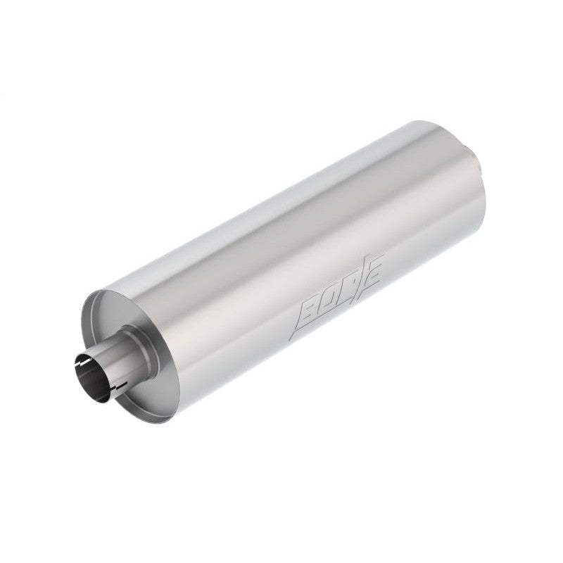 Borla 401158 T-304 stainless steel universal truck muffler with 2.75-inch notched necks and 7.75-inch round body.