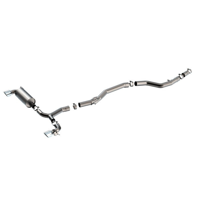 Borla ATAK cat-back exhaust system featuring T-304 stainless steel piping and dual 4.5-inch bright chrome tips.