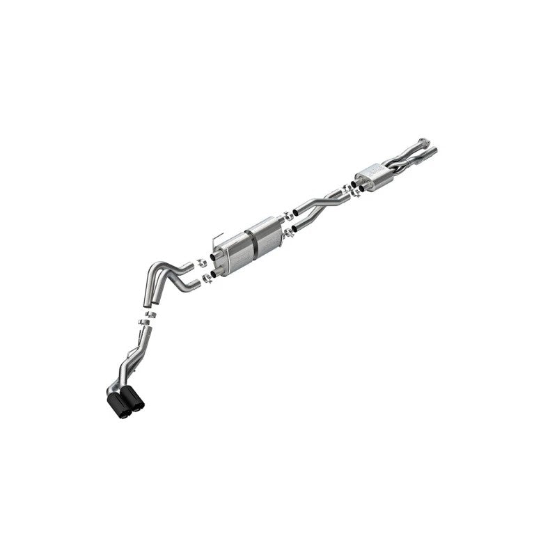 Borla S-Type cat-back exhaust system with T-304 stainless steel piping and dual Brawler Black tips for Ford Super Duty.