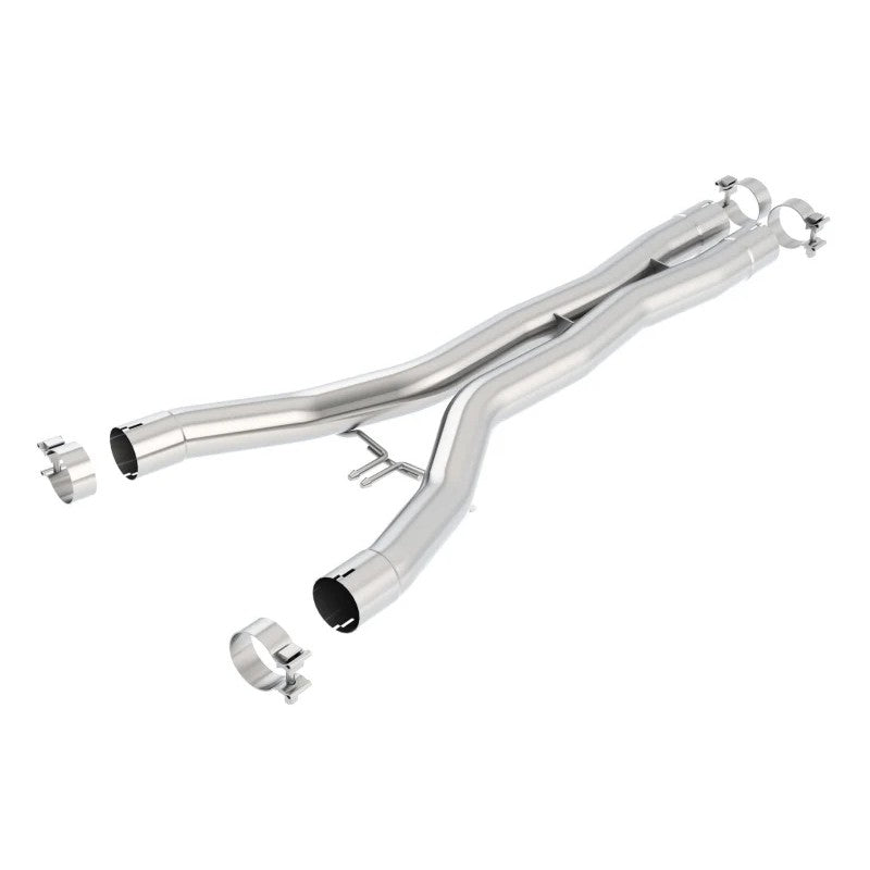 Borla 60548 2.75-inch T-304 stainless steel performance merge X-pipe with installation clamps.