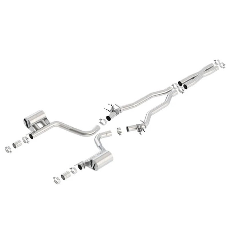 Borla ATAK series catback exhaust system for 6.2L Dodge Challenger, shown without tips for factory valance integration.
