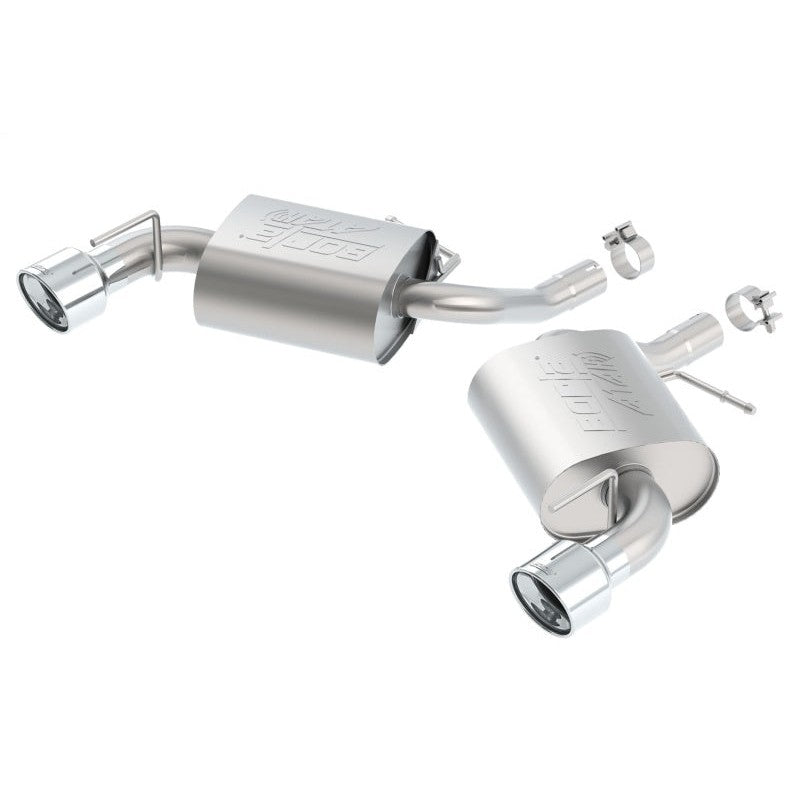Borla ATAK rear section exhaust system for Chevy Camaro featuring T-304 stainless mufflers and dual polished tips.