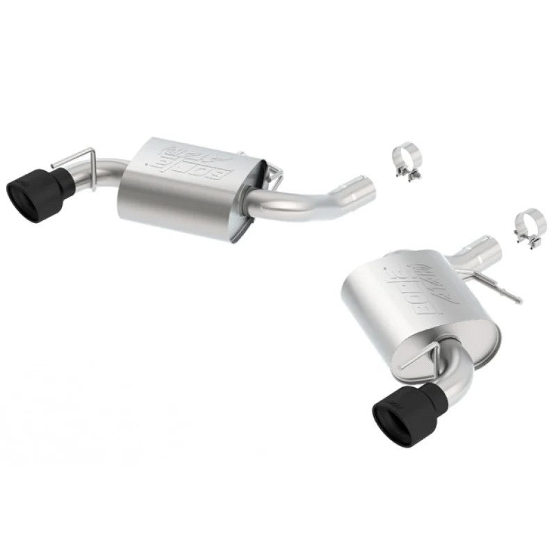 Borla ATAK axle-back exhaust system with T-304 stainless steel mufflers and 4.5-inch ceramic black tips for Camaro SS.