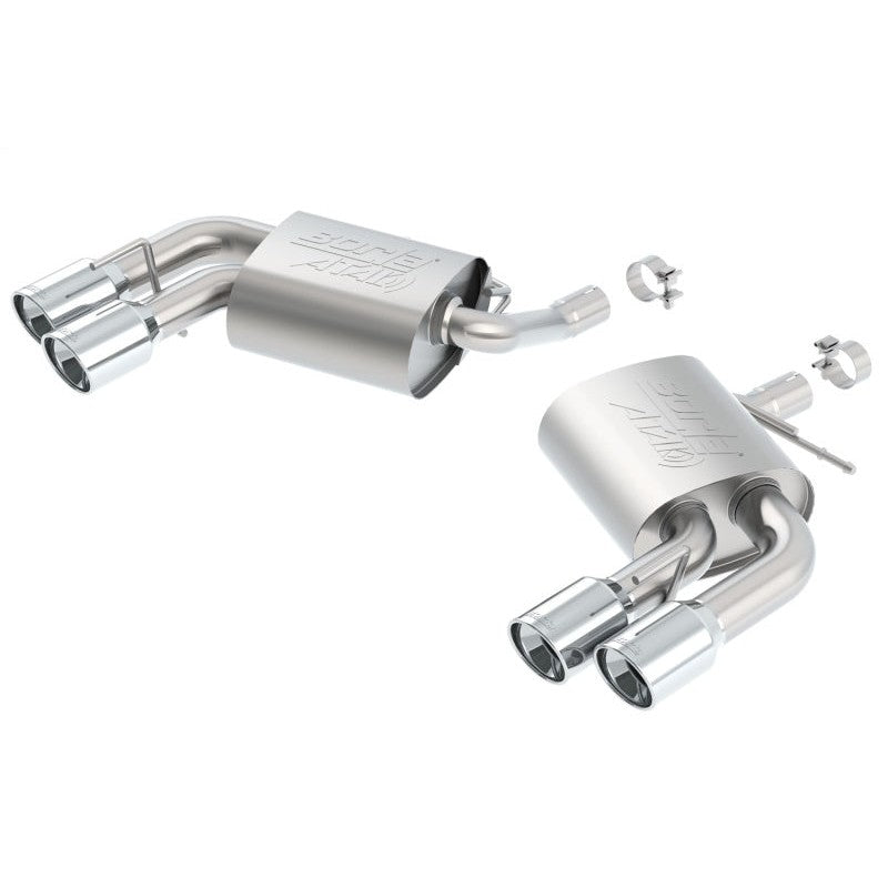 Borla ATAK axle-back exhaust system with T-304 stainless steel mufflers and dual 4-inch polished round tips.