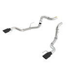 Borla T-304 stainless 3-inch dual tailpipe assembly with 4.5-inch black chrome tips and protective heat shields.