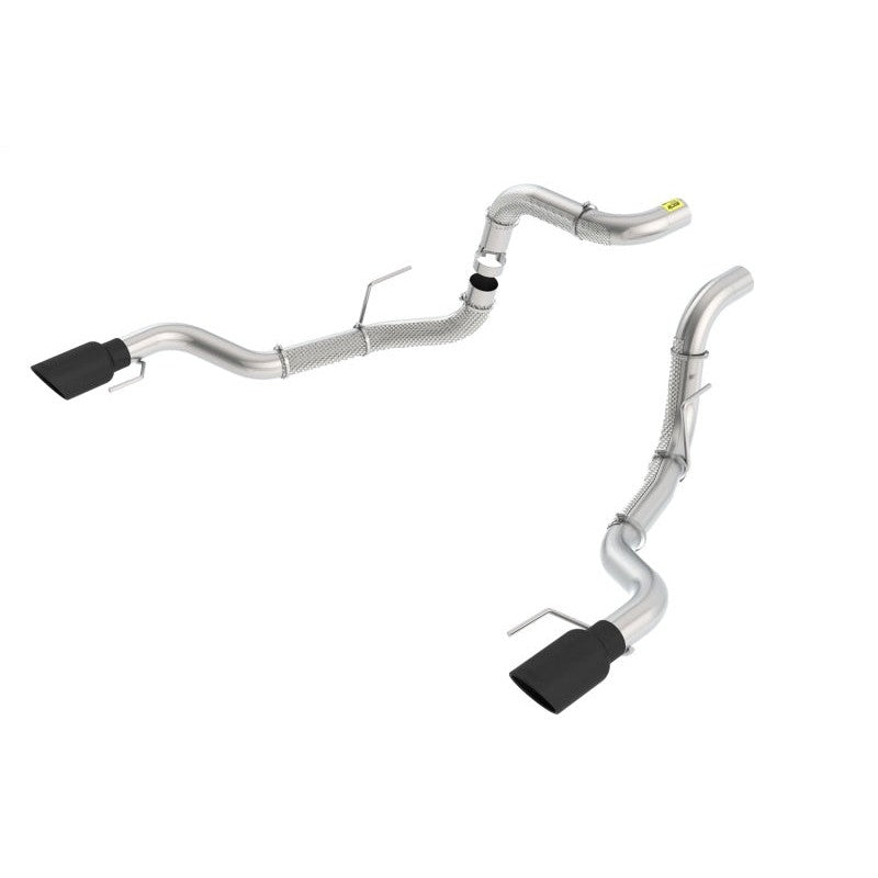 Borla T-304 stainless 3-inch dual tailpipe assembly with 4.5-inch black chrome tips and protective heat shields.