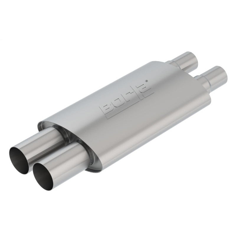 Borla T-304 stainless steel exhaust resonator with dual 2.25-inch inlets and 3-inch outlets for 2018-2026 Mustang.