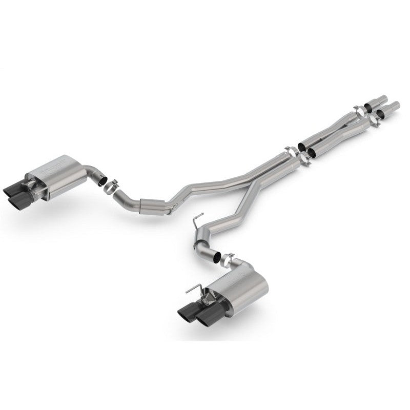 Borla S-Type 3-inch cat-back exhaust system with quad black chrome tips and active valves for 2018-2023 Mustang GT.