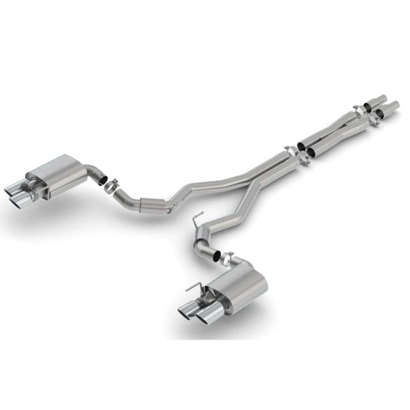 Borla S-Type 3-inch T-304 stainless steel catback exhaust with active valves and bright chrome tips for Ford Mustang.