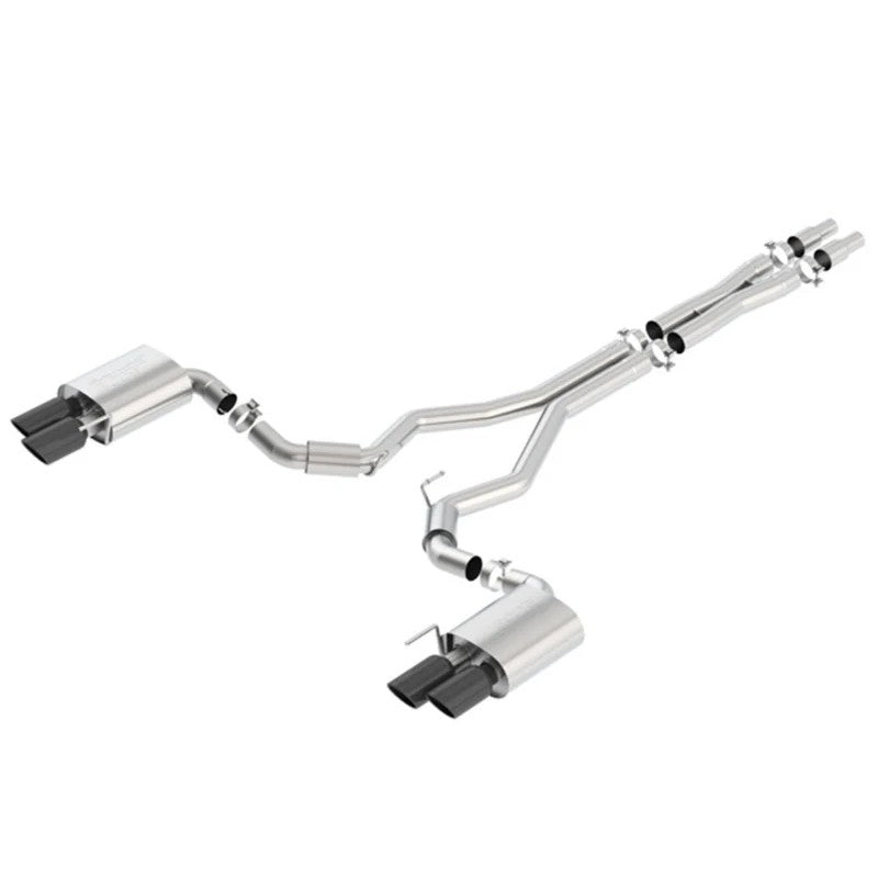 Borla S-Type 3 inch cat-back exhaust system for 2018-2023 Ford Mustang GT featuring black chrome tips and merge X-pipe.