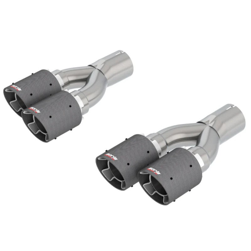 Borla dual 4-inch carbon fiber exhaust tips with bright center outlets and 3-inch inlets.