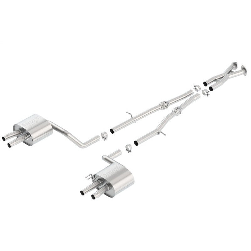 Borla S-Type Cat-Back exhaust system for Kia Stinger featuring T-304 stainless steel piping and dual mufflers.