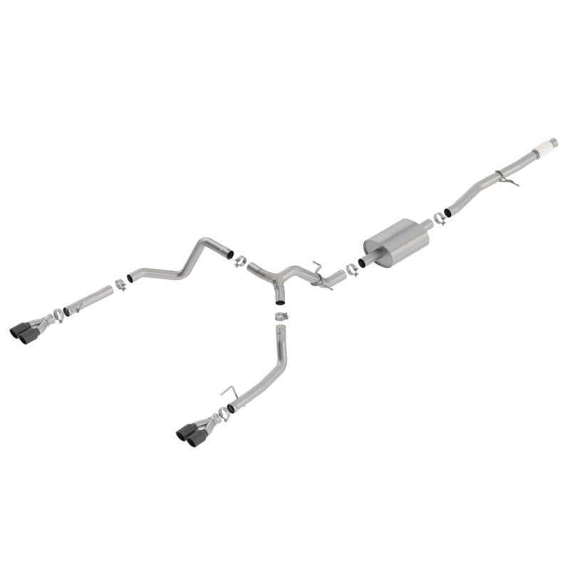 Borla S-Type cat-back exhaust system featuring quad black chrome tips for Chevrolet Silverado and GMC Sierra 1500.