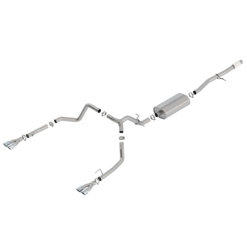 Borla Touring cat-back exhaust system with T-304 stainless steel piping and quad square bright chrome tips.