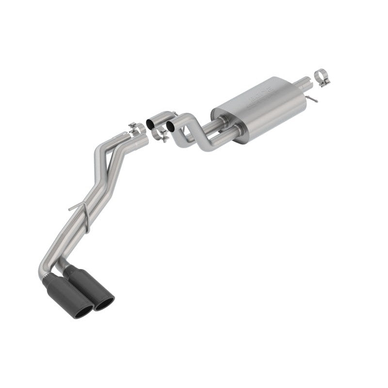 Borla S-Type cat-back exhaust system with T-304 stainless steel piping and dual 4-inch black chrome tips.